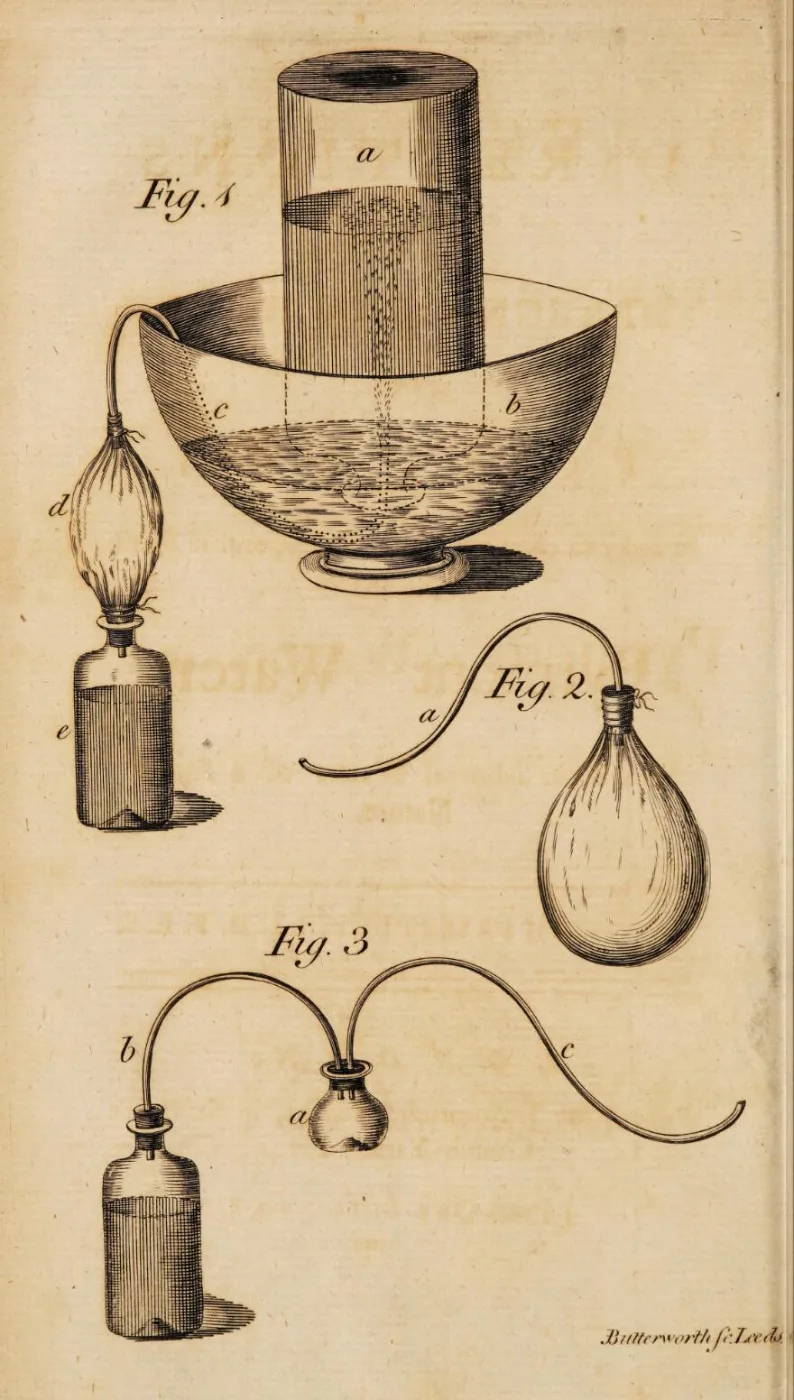 Engraved diagrams of a jar, bladder and tubes for carbonating water