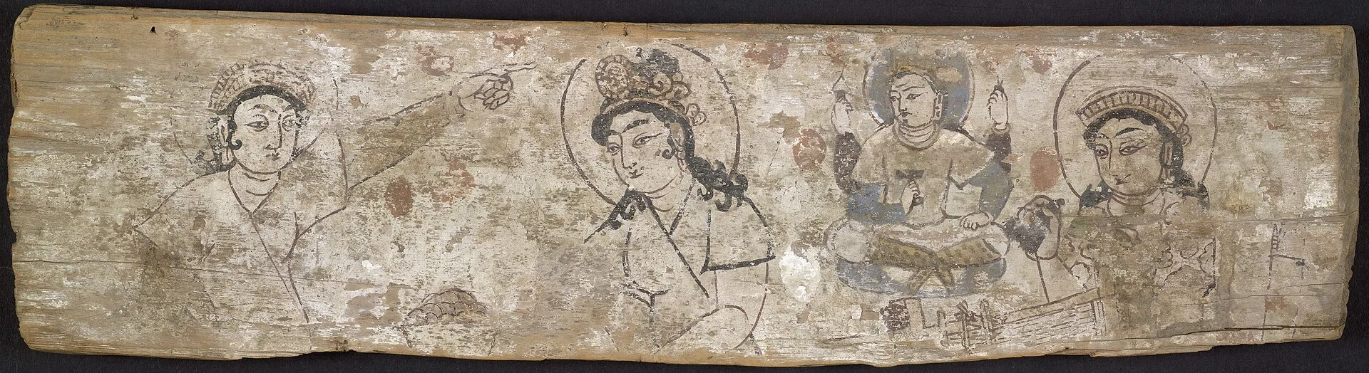 Long painted wooden panel with four haloed figures in faded colours