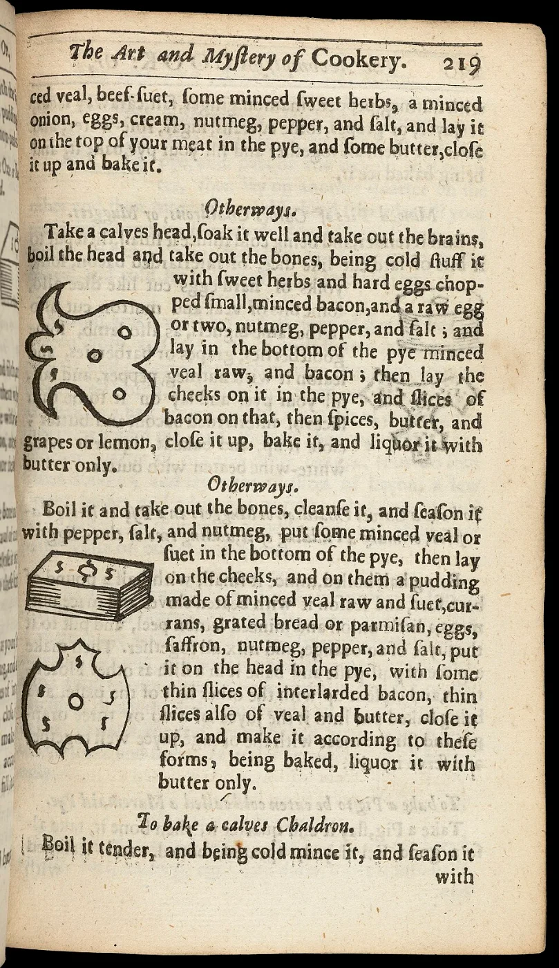 Printed page of a seventeenth-century cookery book with recipes and pie diagrams