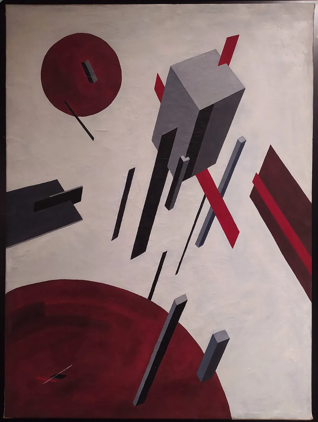 Abstract painting of floating geometric shapes in red, black and grey