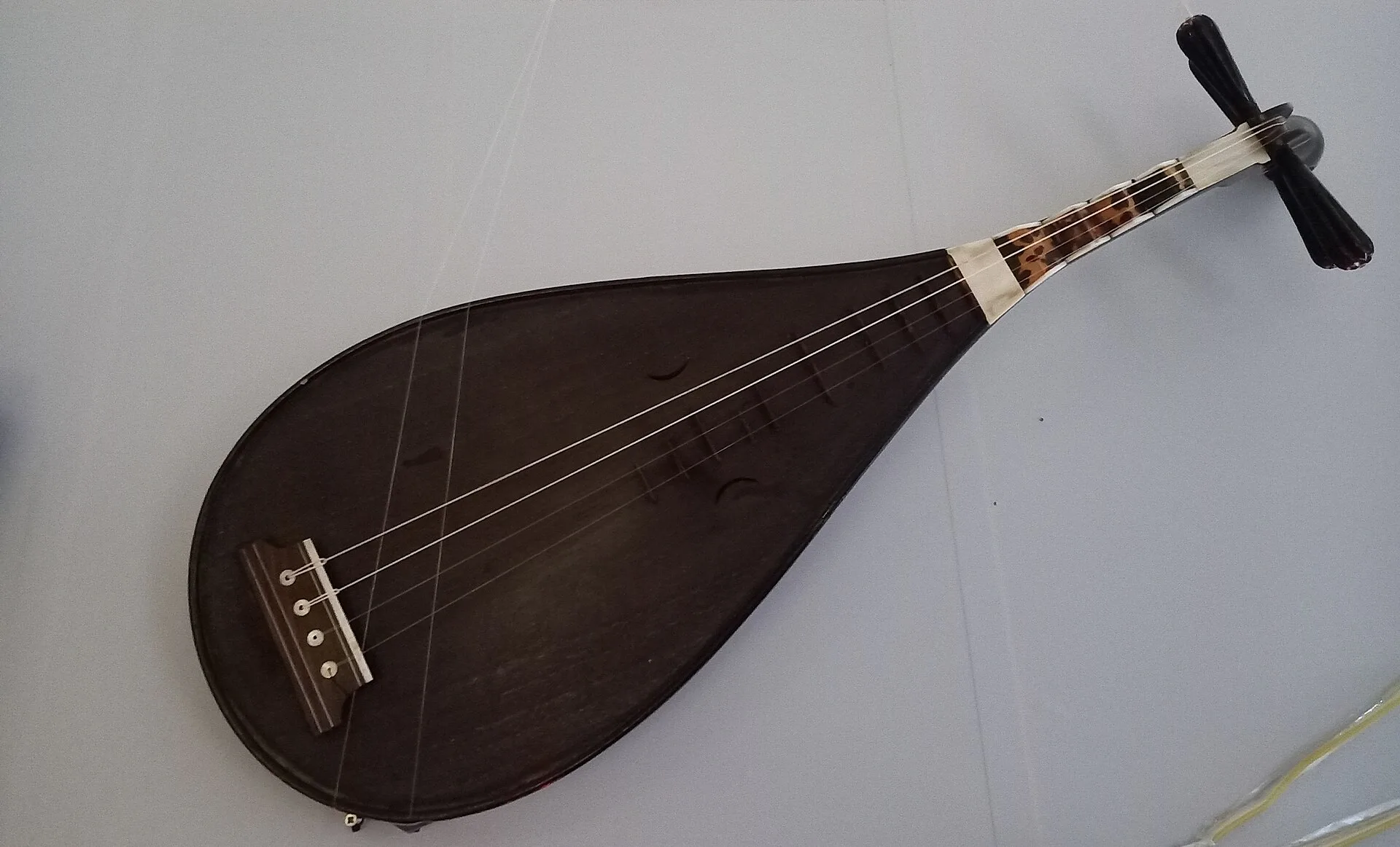 Dark wooden pear-shaped lute with four strings on a white background