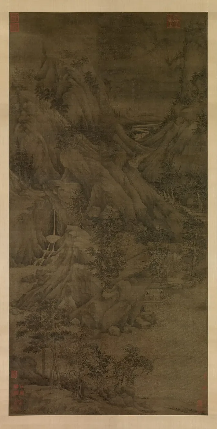 Hanging scroll of mountains, trees and a riverside dwelling in ink
