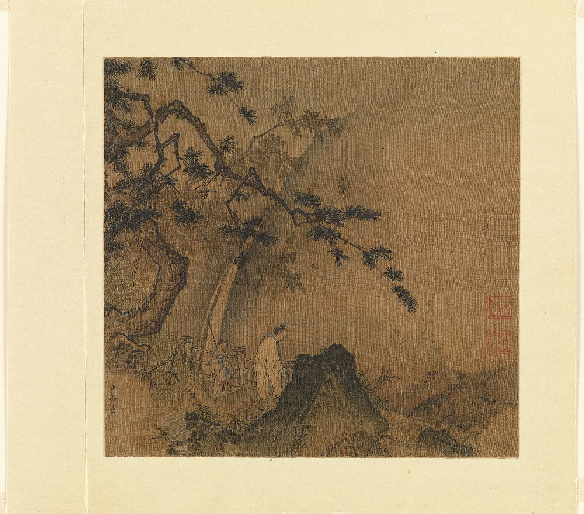 Album leaf painting of a scholar beneath a pine looking toward a waterfall