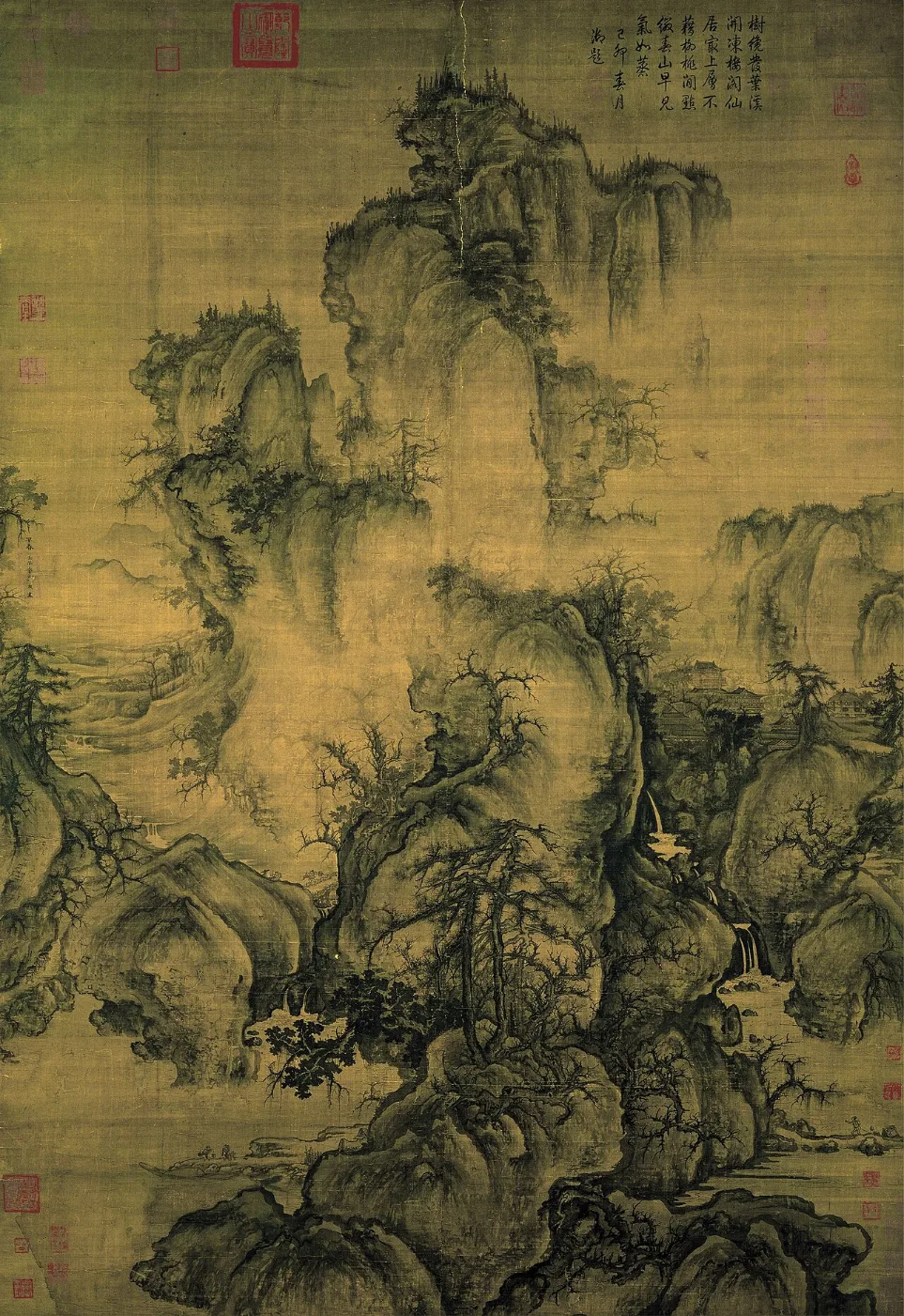 Ink landscape of twisting pines and misty peaks on a hanging scroll