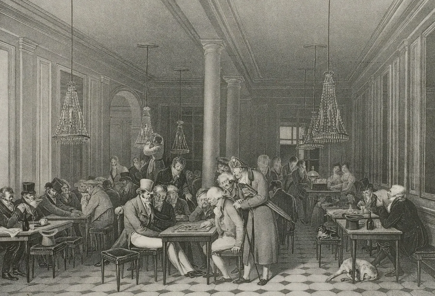 Engraving of diners seated at tables beneath chandeliers in a Paris café