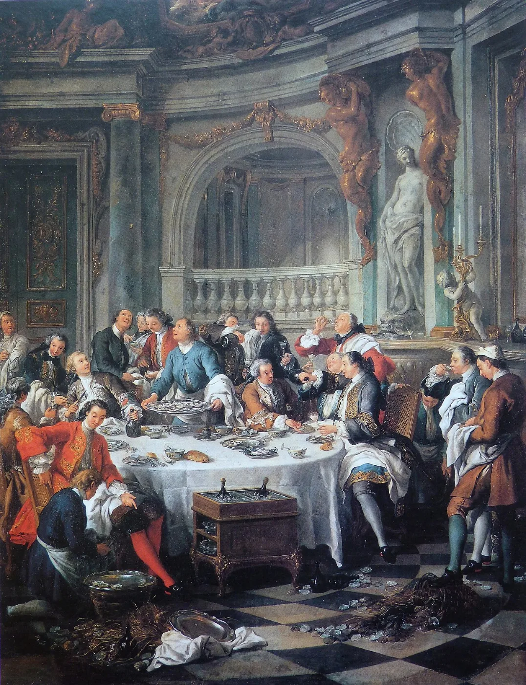 Painting of a lively banquet with diners eating oysters in a grand hall