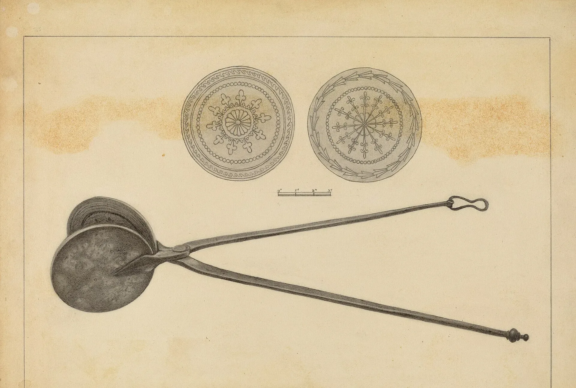 Drawing of a long-handled wafer iron with two engraved circular plates