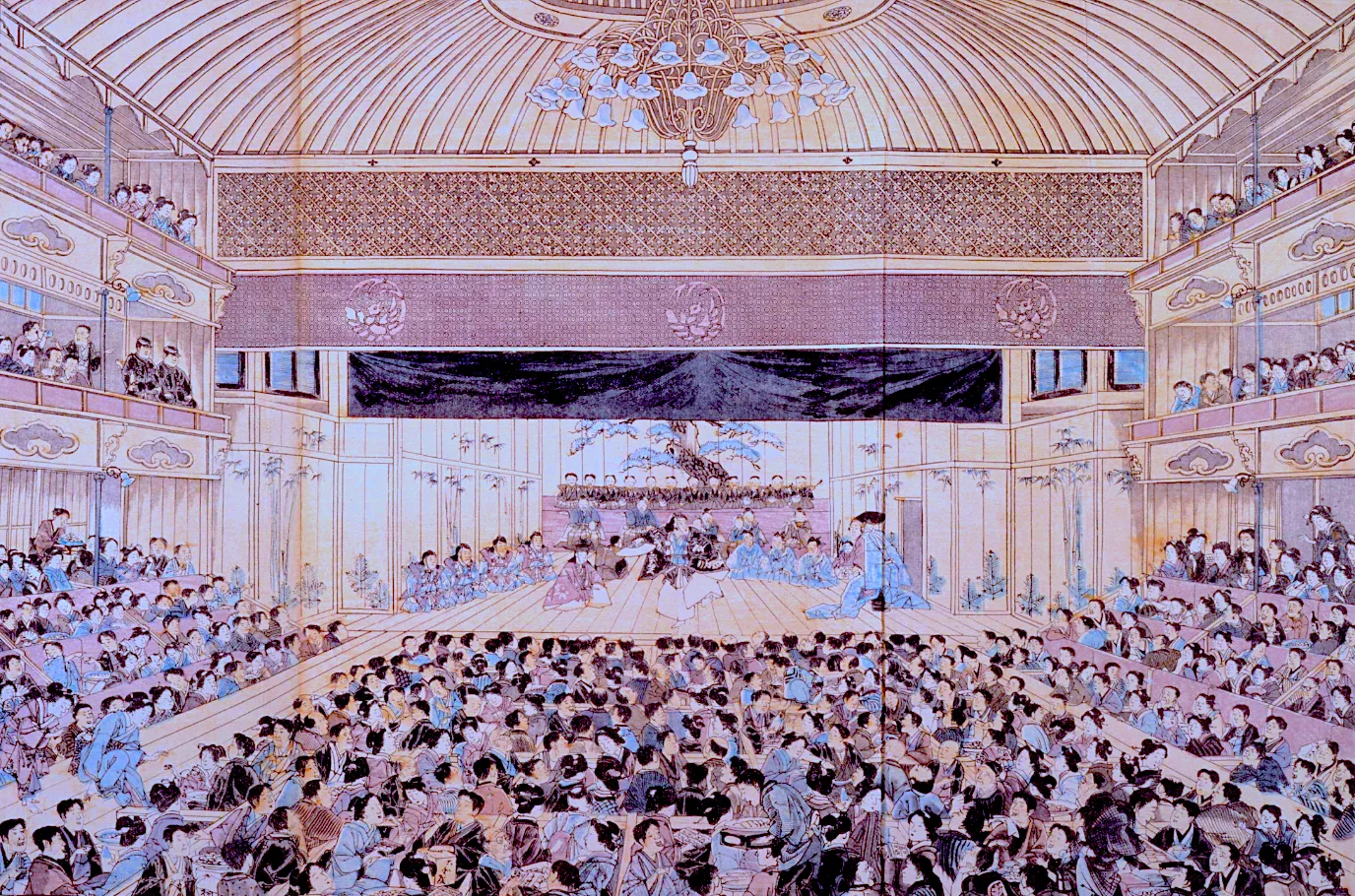 Colour print of a packed theatre auditorium under a large chandelier