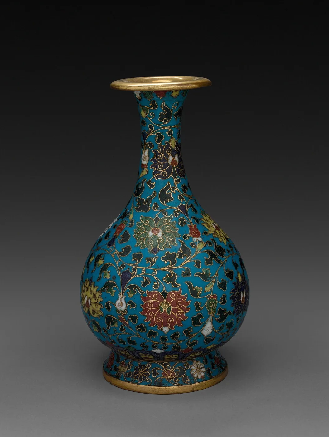 Bottle-shaped vase with red and yellow flowers on a turquoise ground
