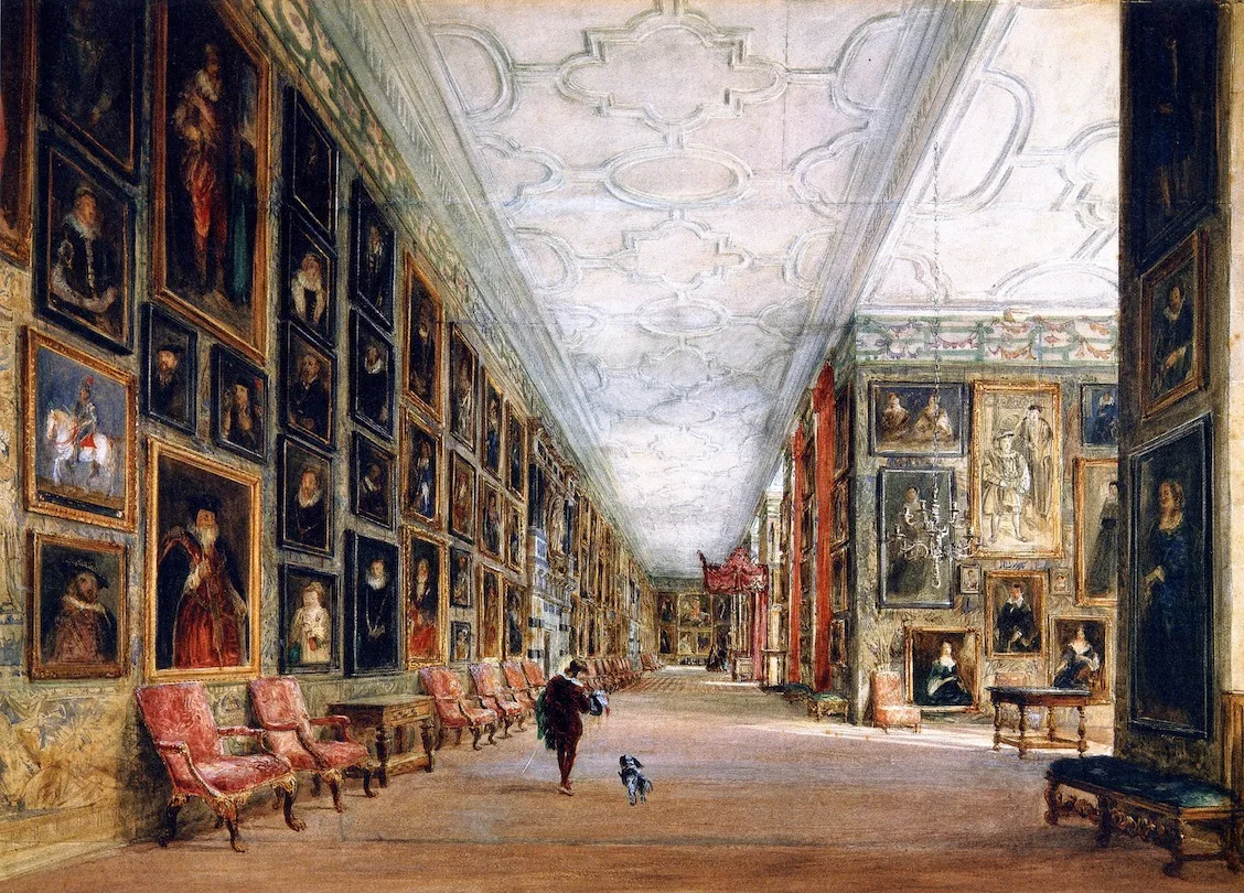 Long gallery lined with portraits and tapestries under a white plaster ceiling
