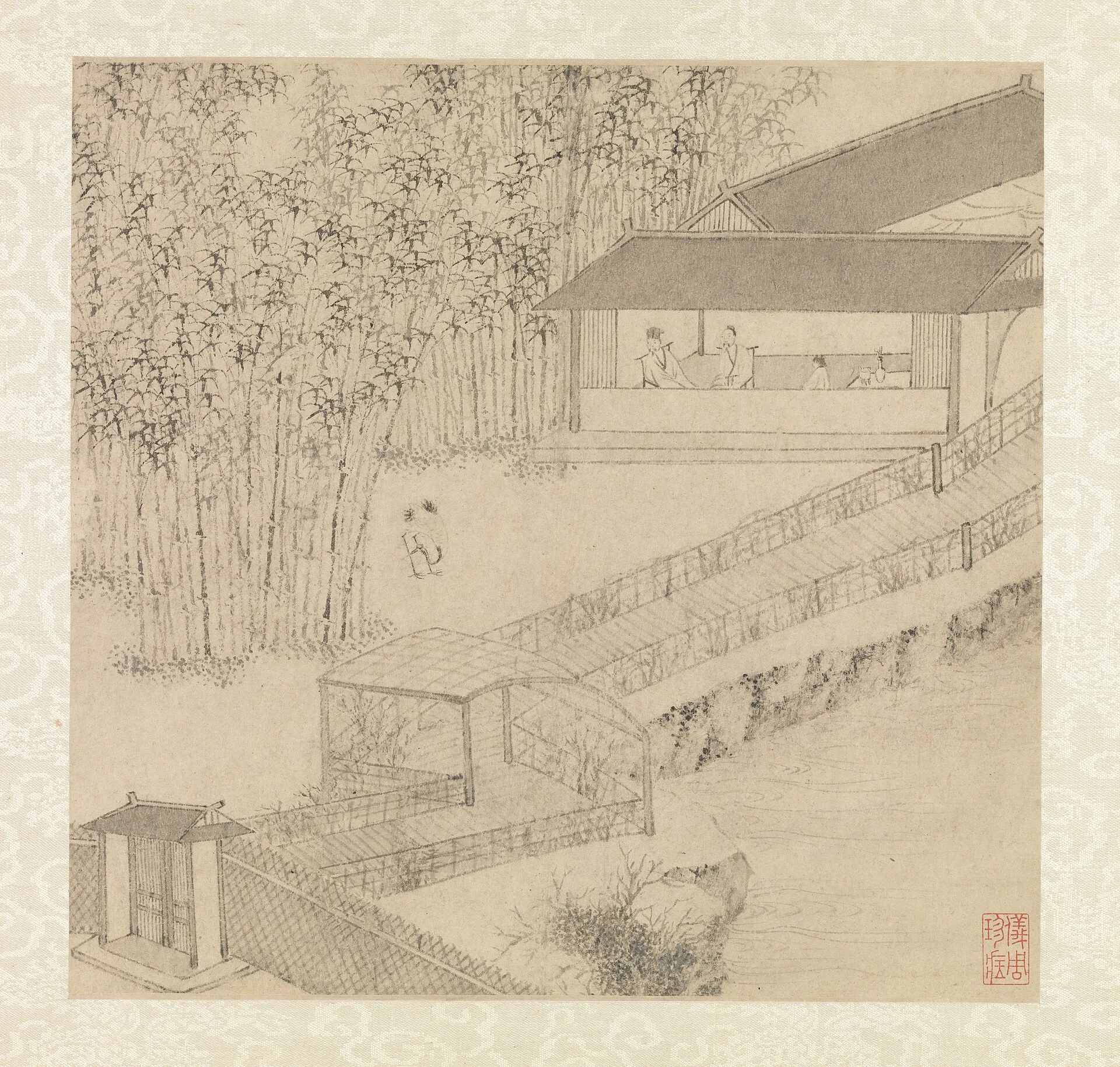 Ink drawing of figures seated in a garden pavilion beside a bamboo grove
