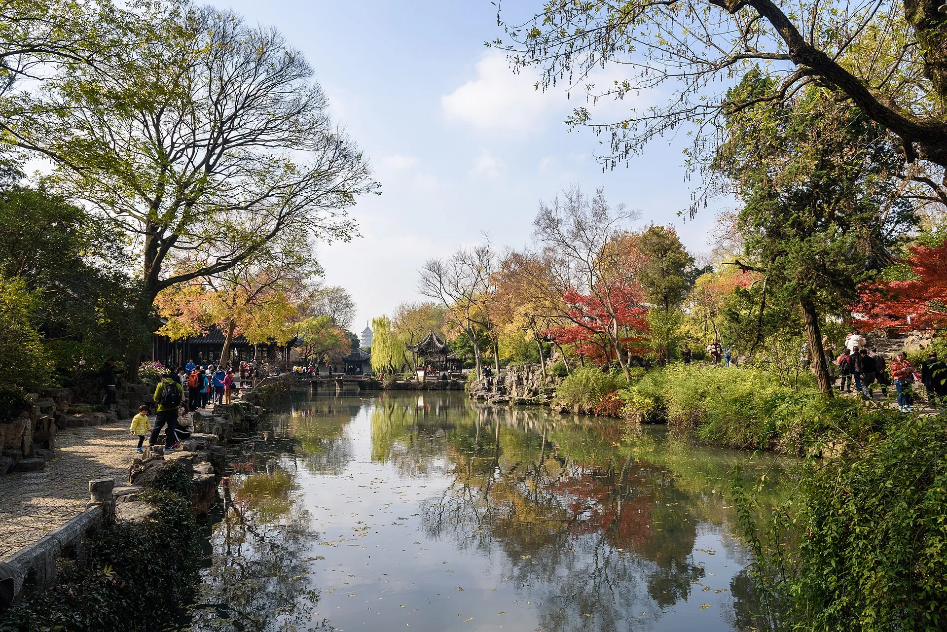 Garden pond lined with trees, with a distant pagoda on the skyline