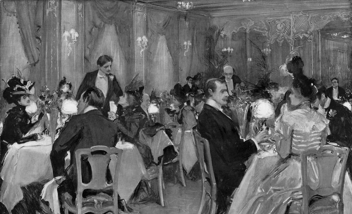 Black and white engraving of diners in evening dress at tables in an ornate room