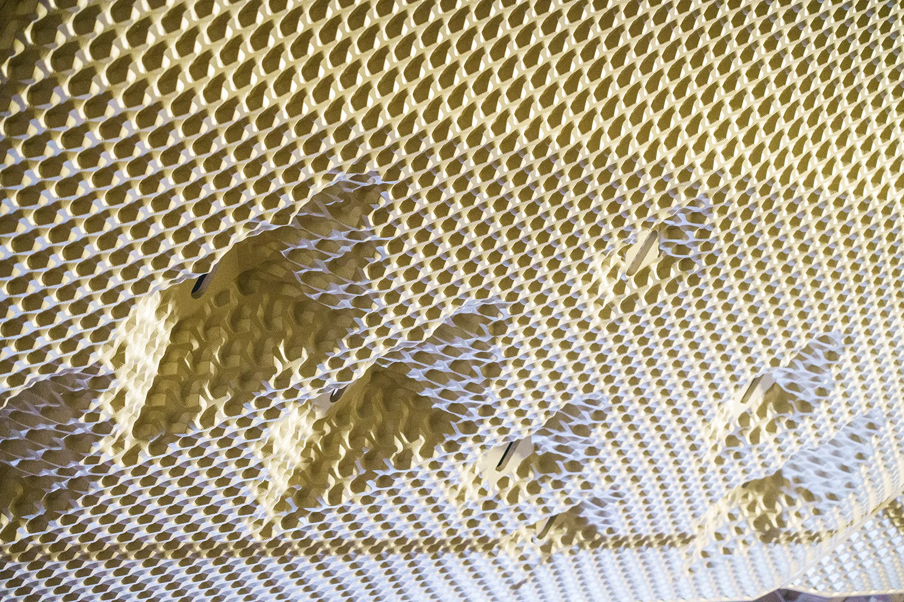 Close view of a textured cream ceiling surface with raised sculpted forms