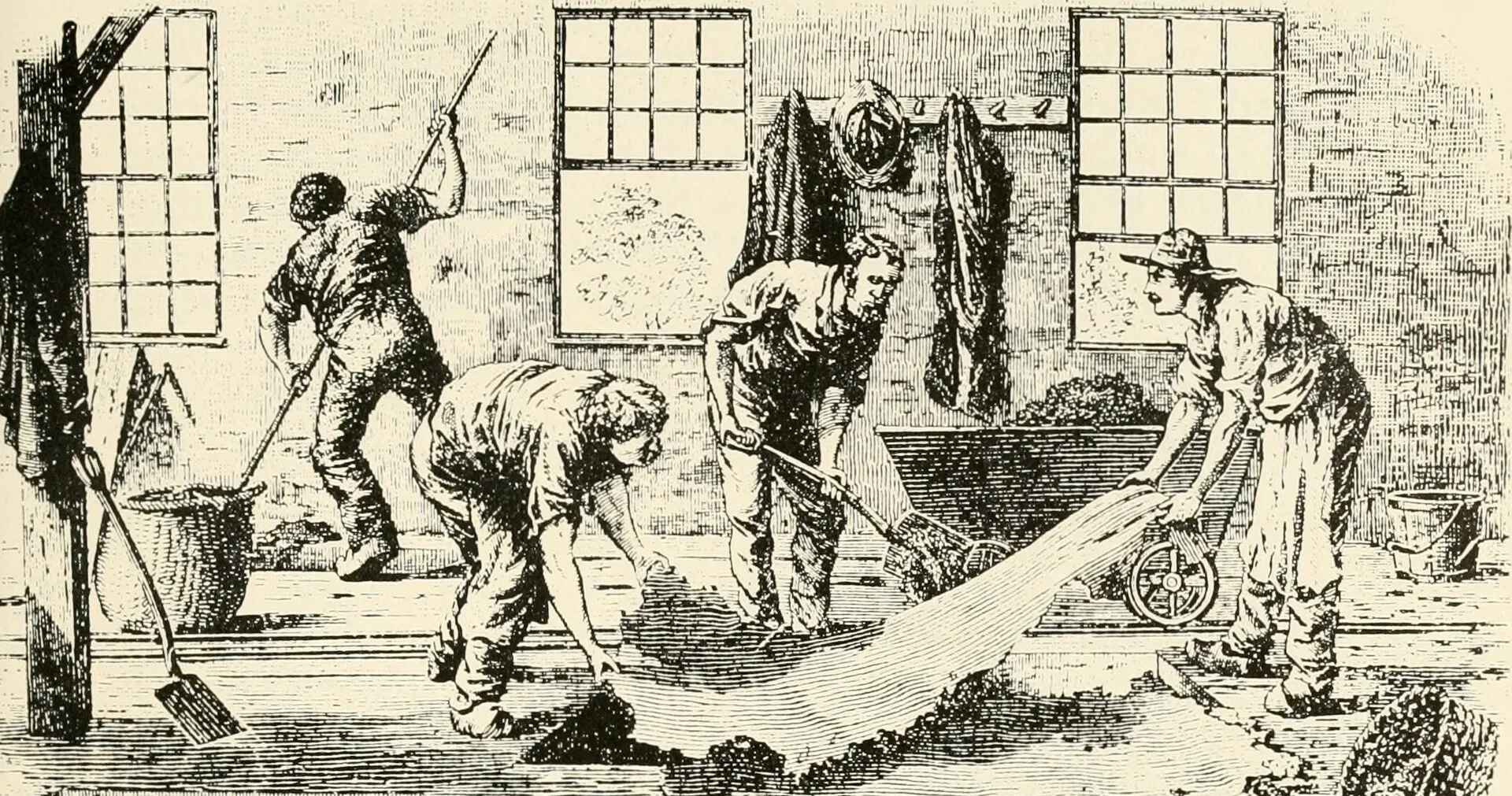 Engraving of four men spreading and scraping a hide on a tannery floor