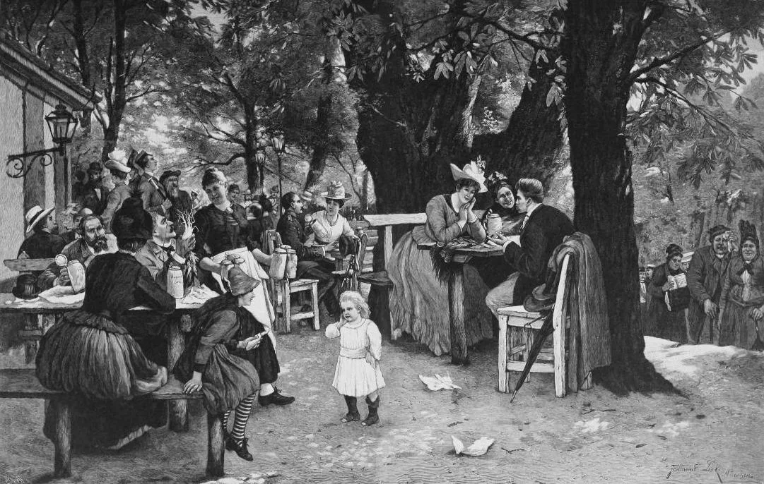Engraving of drinkers at tables under large trees in a beer garden