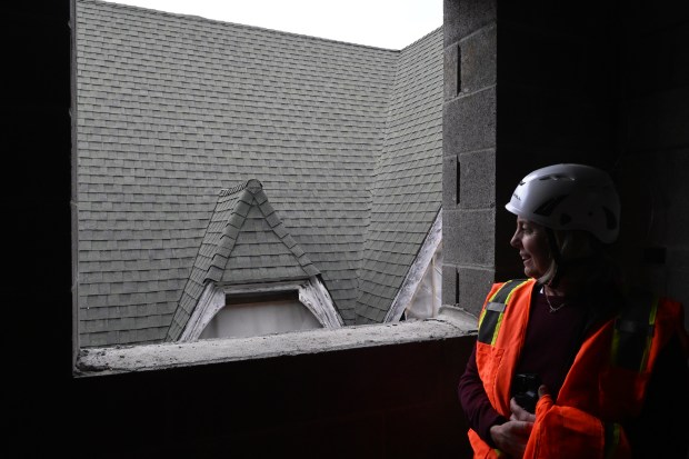 Ellyn Weisel, executive director of WildCare, views the organization's original building from a spot in its new building under construction in San Rafael, Calif., on Monday, Feb. 9, 2026. (Alan Dep/Marin Independent Journal)