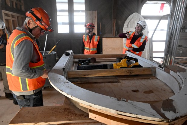 Ellyn Weisel, executive director of WildCare, confers with contractors Hasib Sarkic, left, and Hunter Mahan during renovation work at the WildCare center in San Rafael on Monday, Feb. 9, 2026. (Alan Dep/Marin Independent Journal)