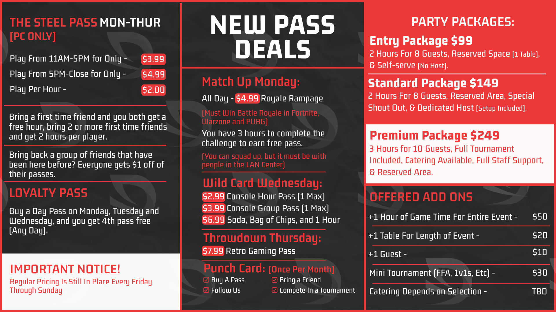 Image showing off the various prices of the Damascus Gaming LAN Center including party prices.