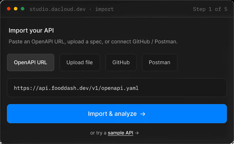 DigitalAPI MCP Studio import screen for converting an OpenAPI spec to MCP