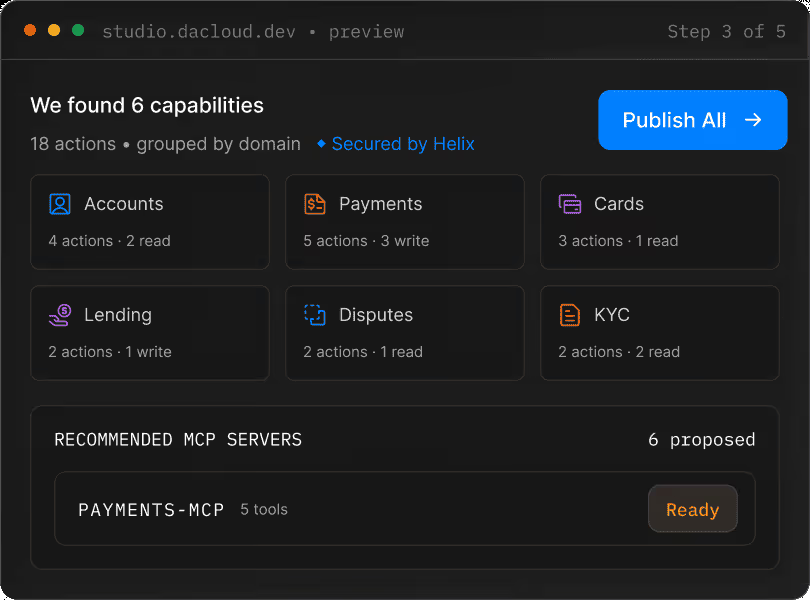 MCP Studio preview of MCP servers and tools generated from an OpenAPI spec