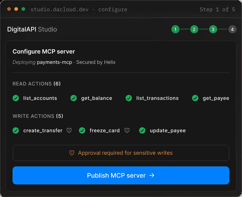 MCP Studio configuration screen for publishing MCP tools and approval rules