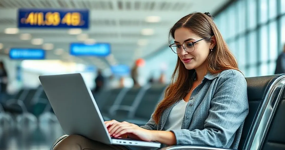 Lady in airport using laptop with a VPN signifying privacy and security