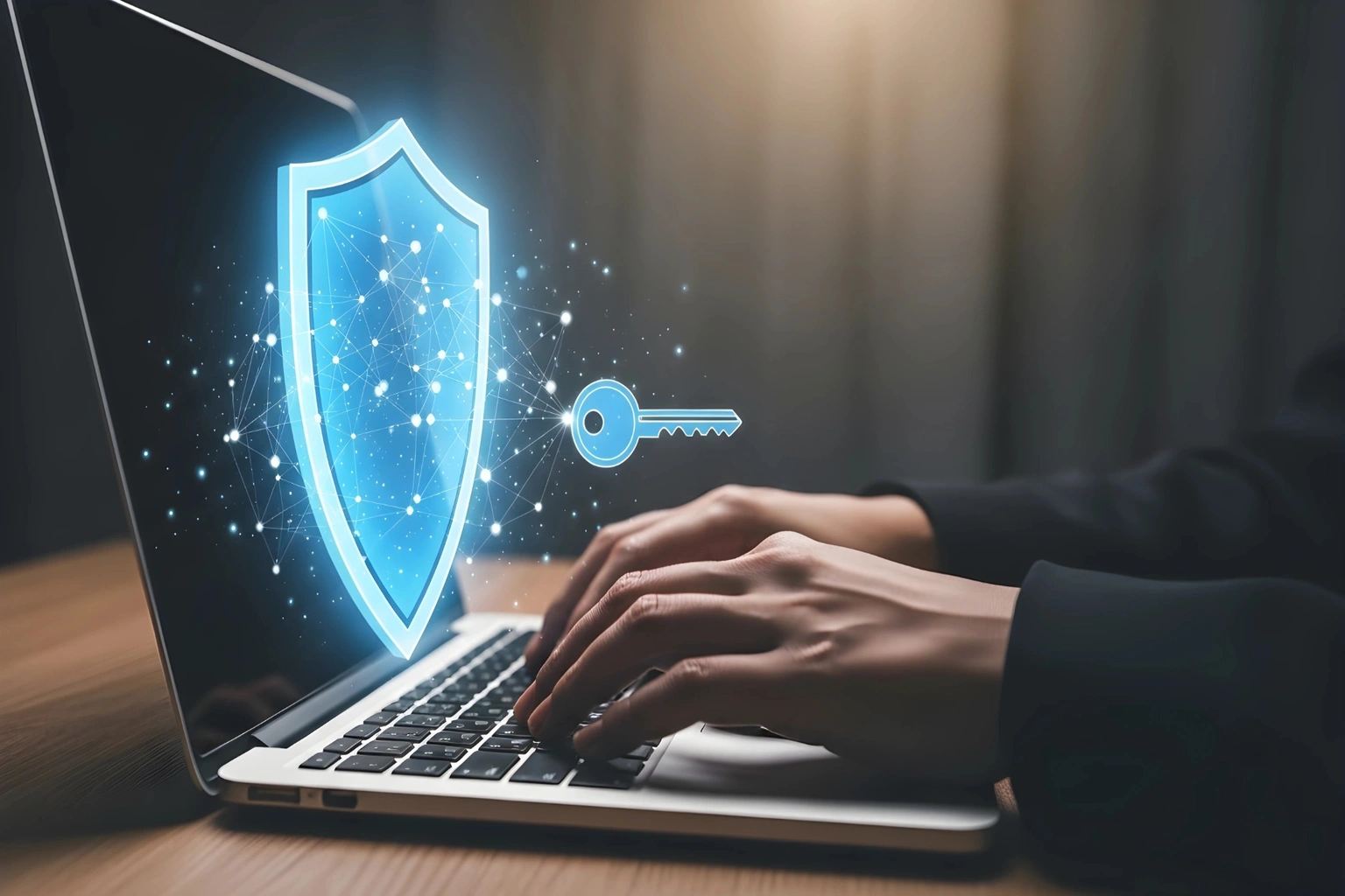 Hands on laptop with a digital shield icon showing online privacy and VPN security