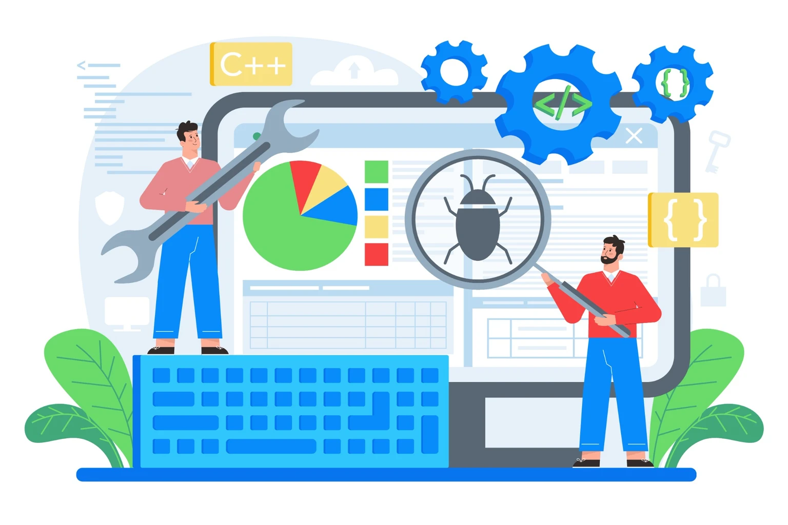 VPN testing illustration with developers and tools