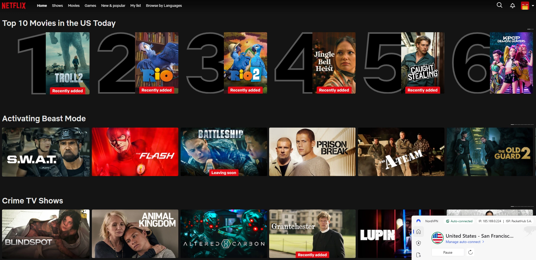 Netflix US homepage displayed while connected to a NordVPN US server.