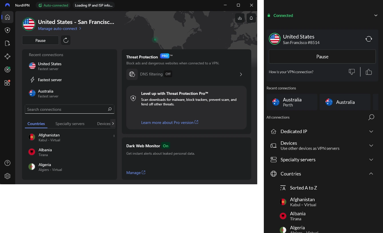 NordVPN Windows and Android apps shown connected during hands-on Ease of Use testing in a real-world environment.