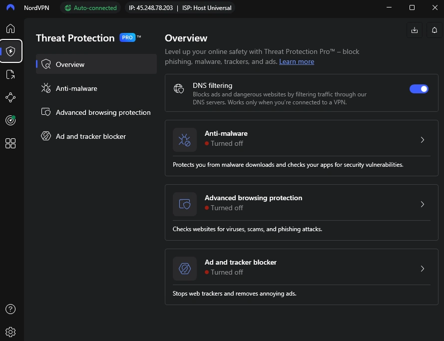 NordVPN Features and Tools screen with DNS filtering enabled.