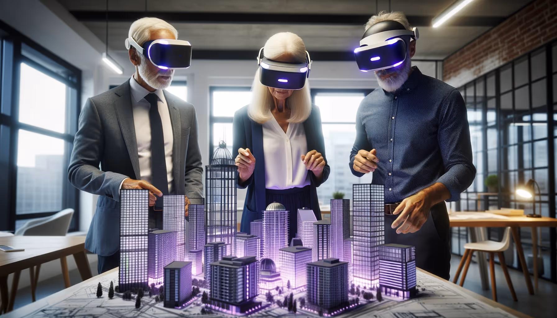 A team reviewing 3D model on VR lenses 