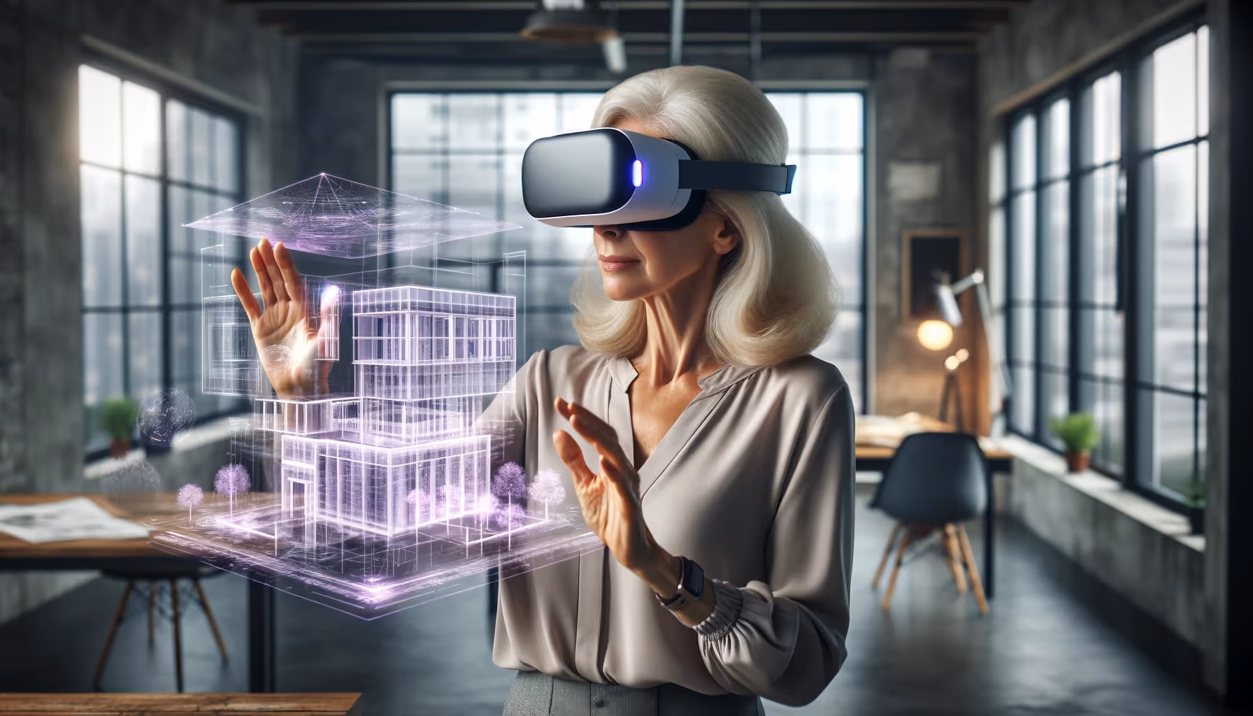 a woman reviewing 3D modeles with VR lenses 