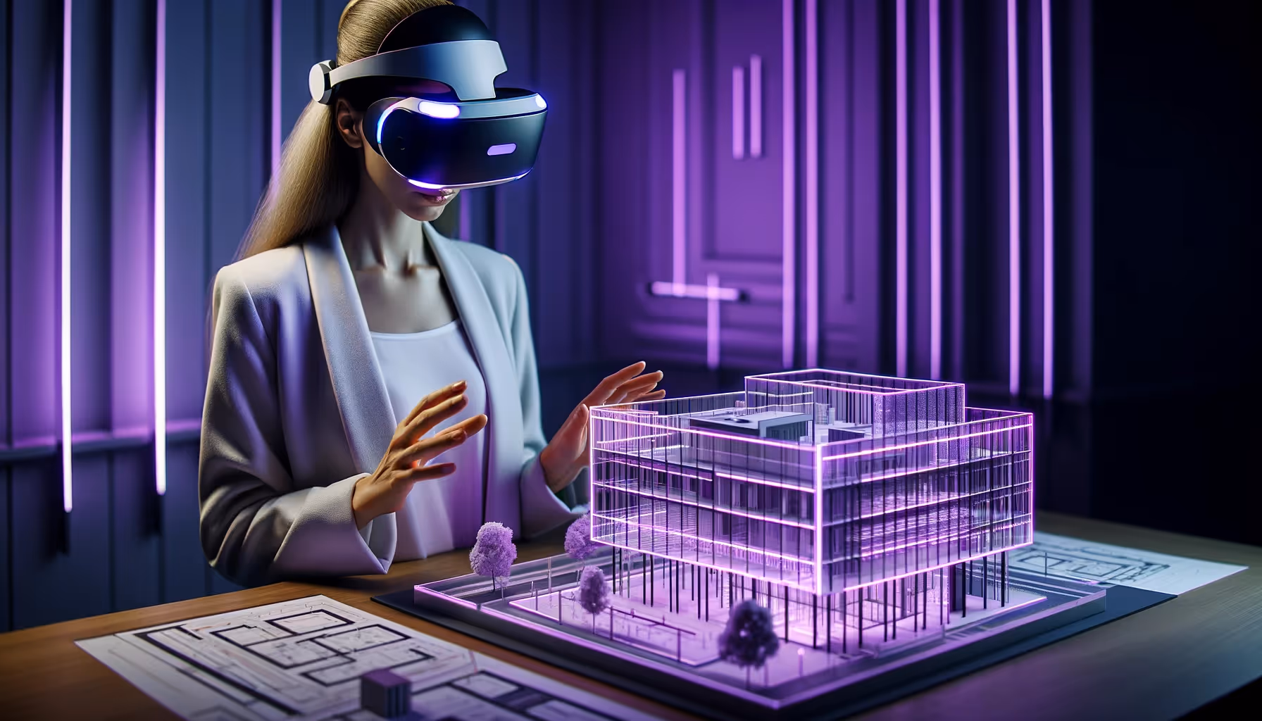 A woman reviewng 3D model with VR lenses