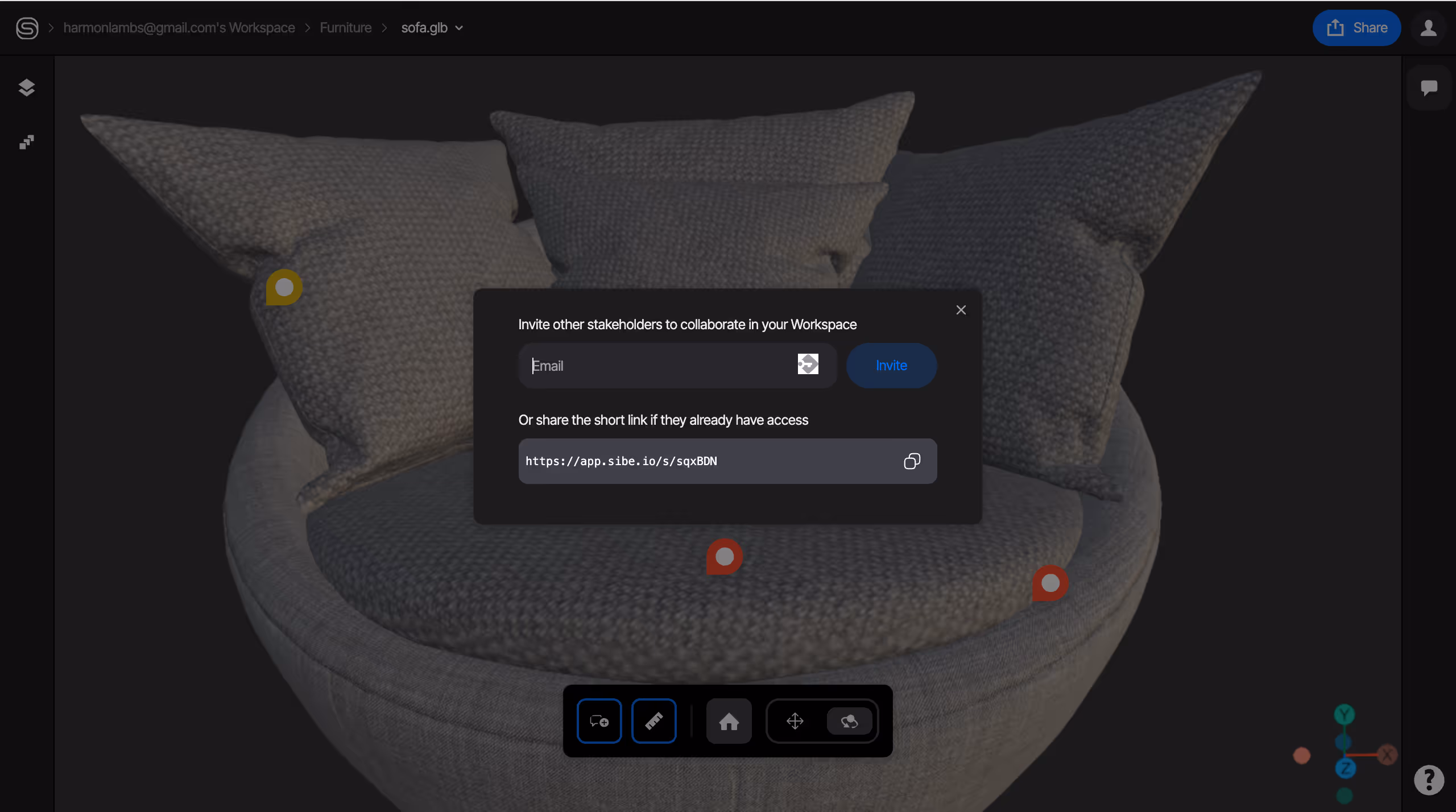 A 3D model of sofa inside sibe viewer, and user wans to share it with his collegues
