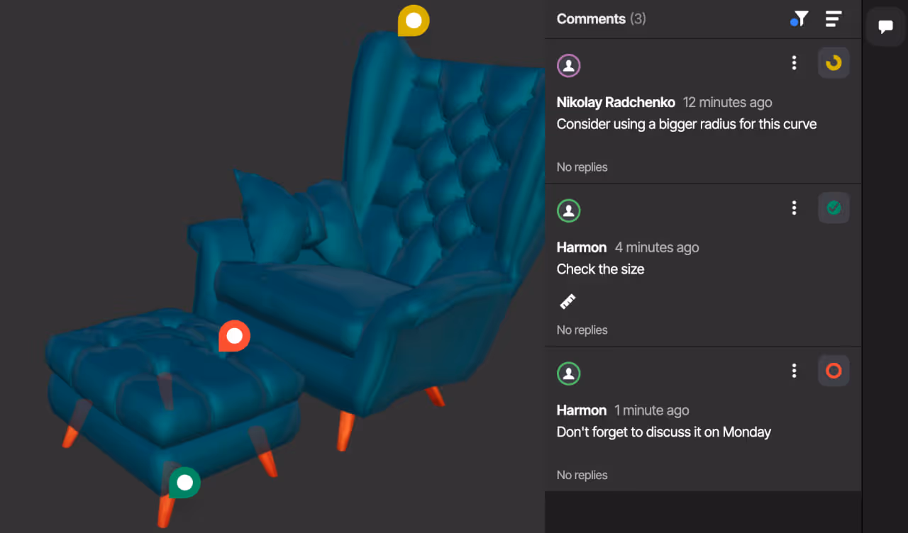 A 3D model of chair, and users are discussing it in the comment inside Sibe viewport