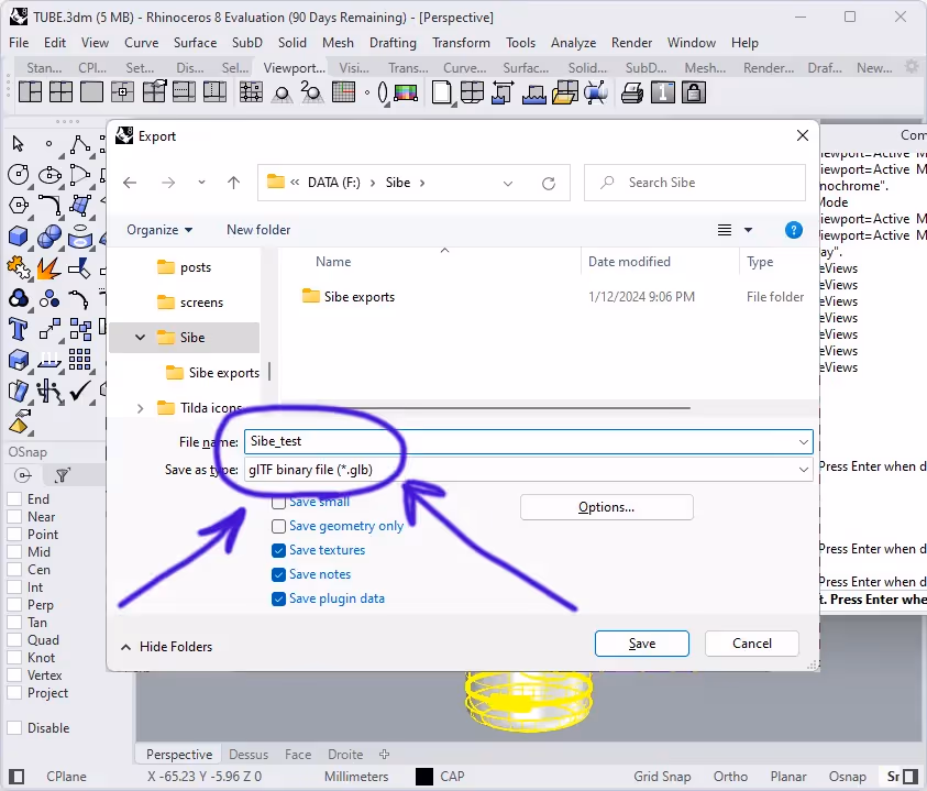 Export 3D model from Rhinoceros to Sibe