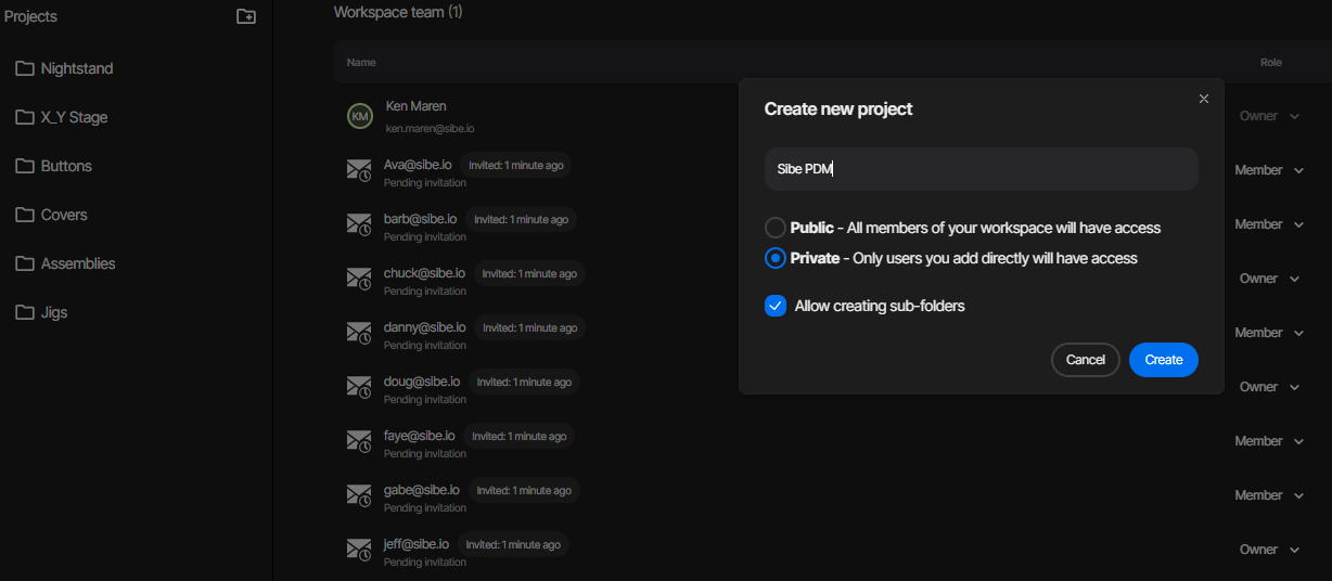 Sibe PDM dashboard showing project folders and permissions panel.