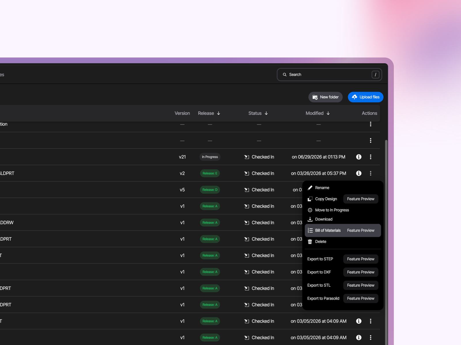 Opening the Bill of Materials from the file actions menu in the Sibe Web Dashboard