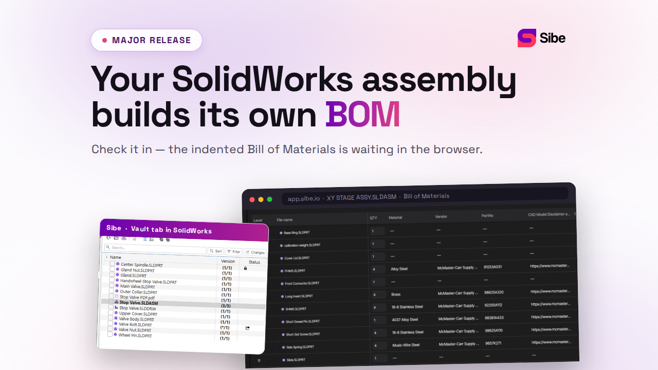 Your SolidWorks assembly builds its own BOM - Sibe Vault tab in SolidWorks alongside the indented Bill of Materials in the browser