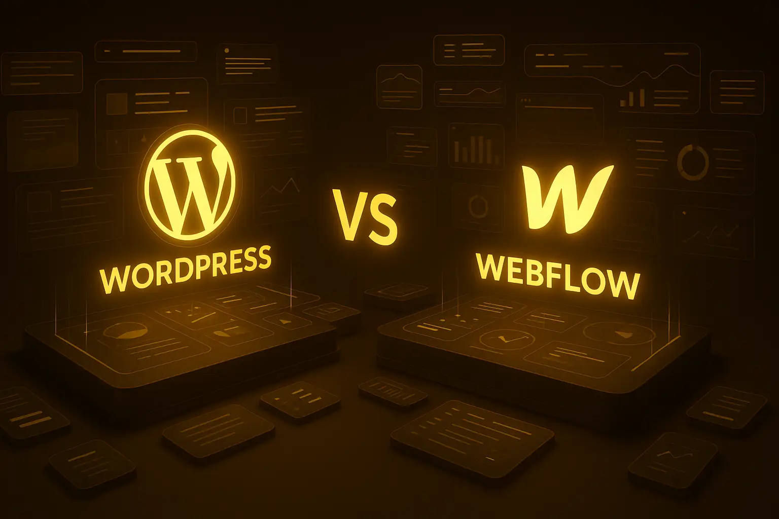 3D-Vergleich zwischen WordPress und Webflow – zwei futuristische UI-Plattformen mit leuchtenden Logos im Duell, symbolisch für modernes Webdesign