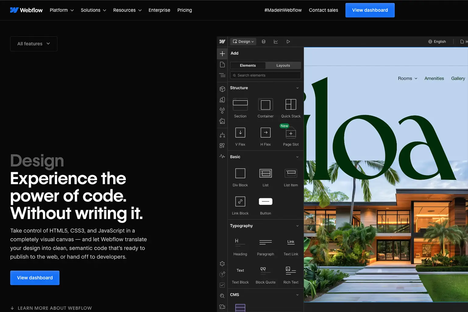 Screenshot aus dem Webflow Designer – visuelles Webdesign ohne Code mit Interface-Elementen und Vorschau einer modernen Website