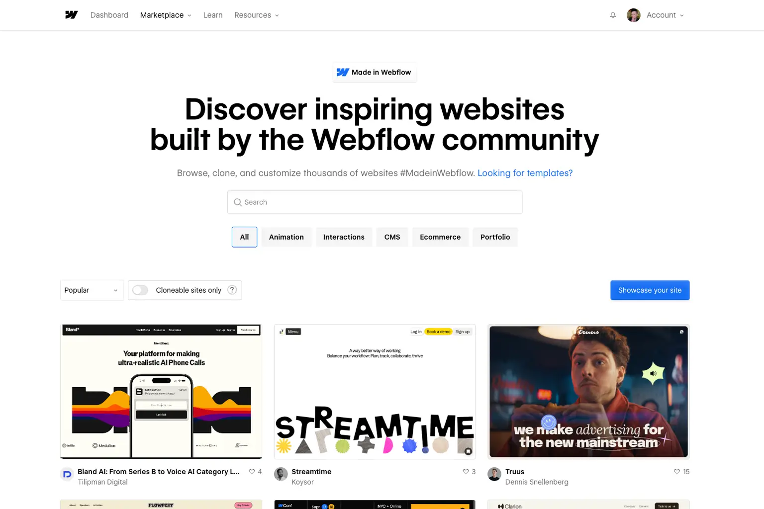 ebflow Community Marketplace – inspirierende Webseiten entdecken, klonen und anpassen