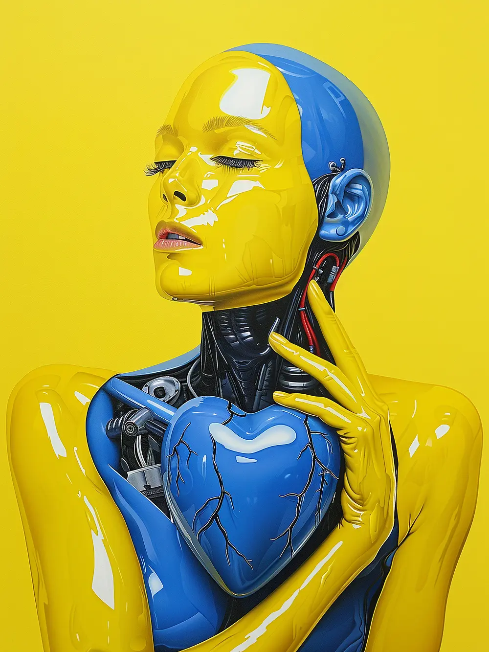 Illustration einer futuristischen menschenähnlichen Figur mit mechanischem Oberkörper, die ein blaues Herz in der Brust hält; leuchtend gelber Hintergrund, Fokus auf Verbindung von Technik und Emotion.