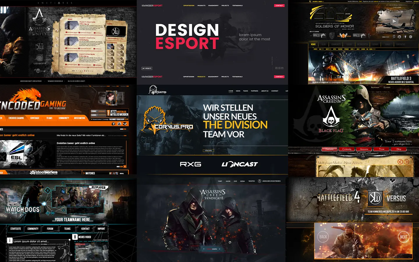 Frühe Website-Designs im Gaming- und eSport-Bereich von Kim Weber – dunkle Layouts, Clan-Websites und Spiel-inspirierte Interfaces als Start ihrer Webdesign-Karriere.