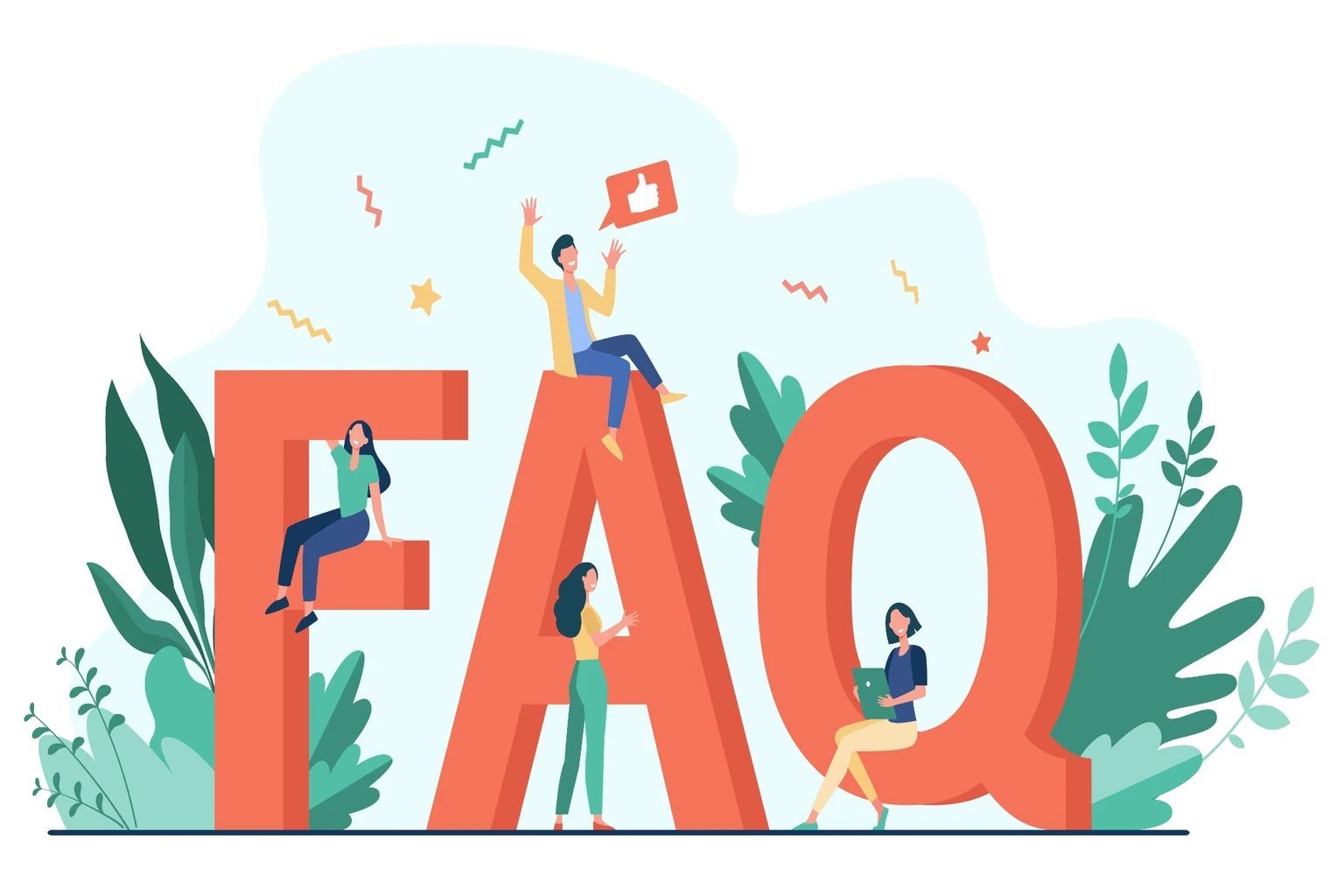 VPN FAQ page illustration with people and large FAQ letters