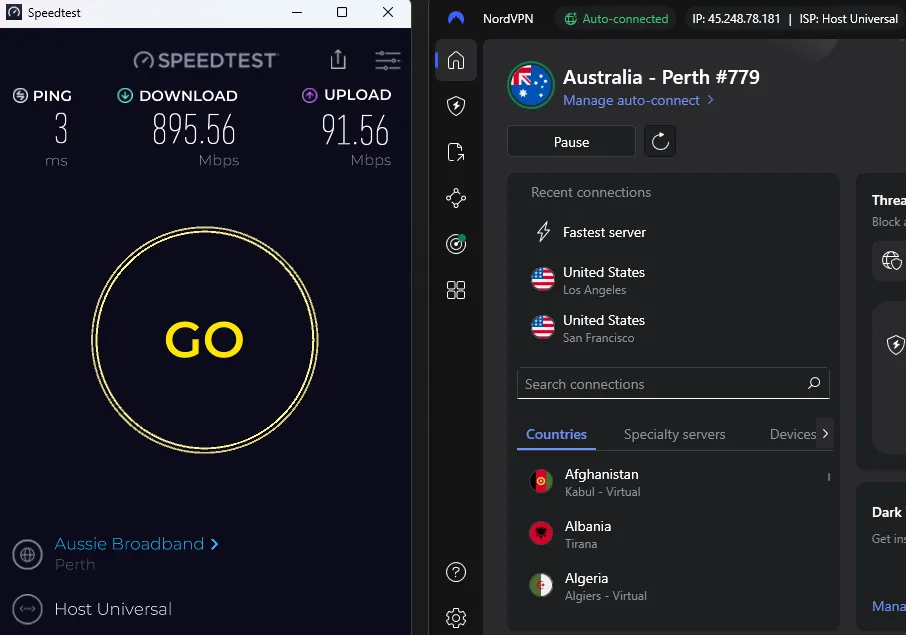My speed test result for NordVPN on a Perth, Australia server, showing 895 Mbps download and 91 Mbps upload.