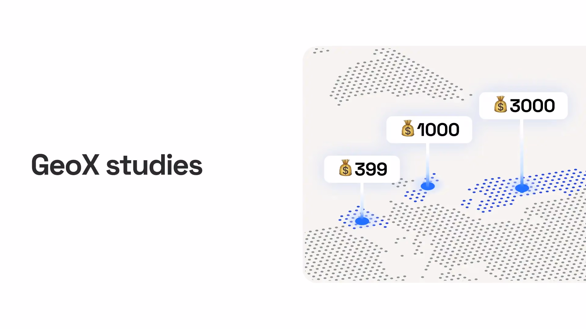 GeoX studies map illustrating geographic marketing experimentation and regional incrementality tracking.