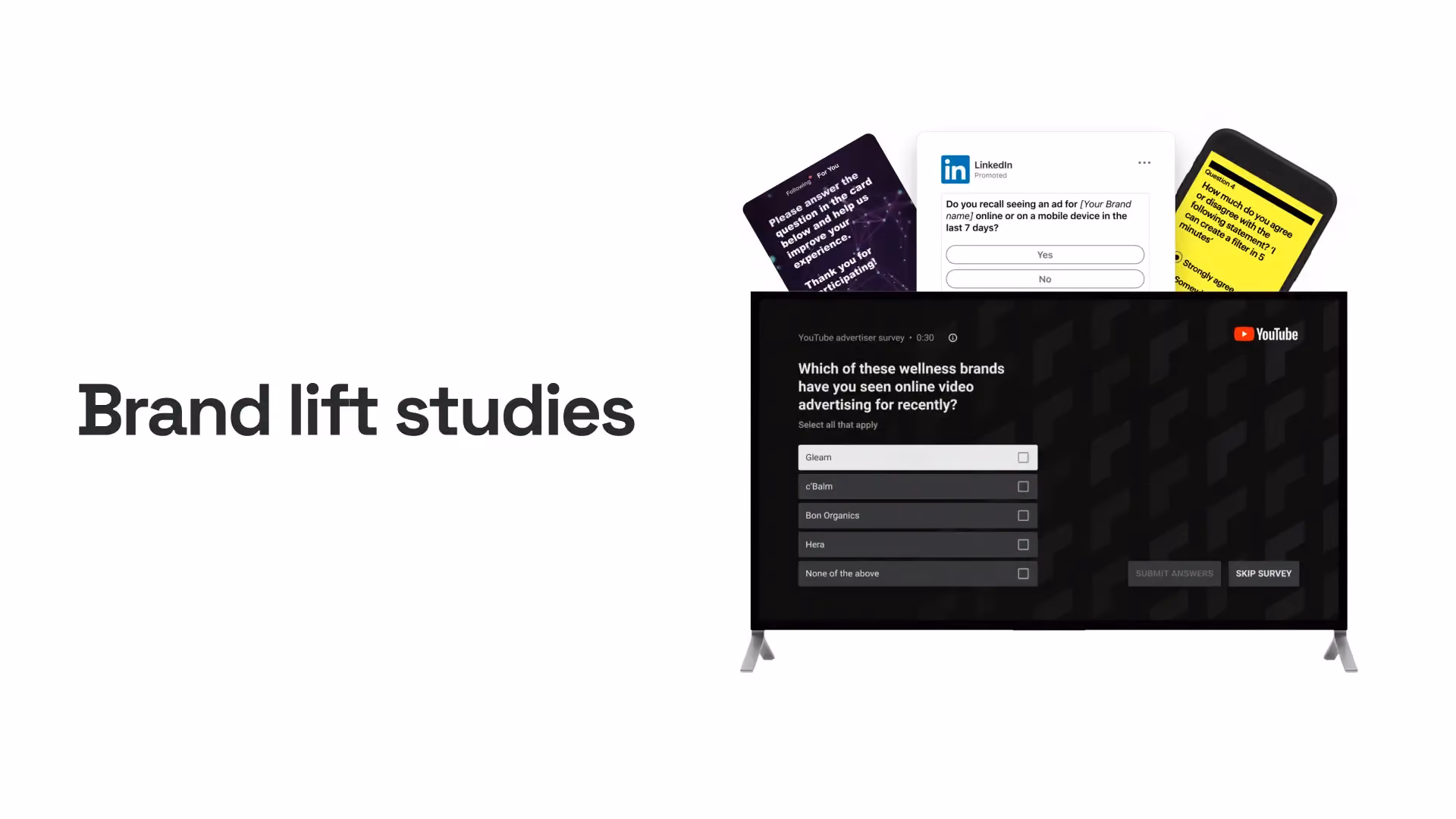 Brand lift studies graphic showing digital ad recall surveys on television and mobile screens.